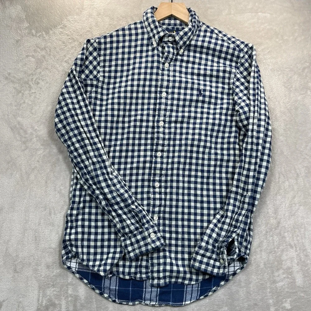 Polo Ralph Lauren Shirt Mens M Custom Fit Long Sleeve Indigo Lined Buffalo Check